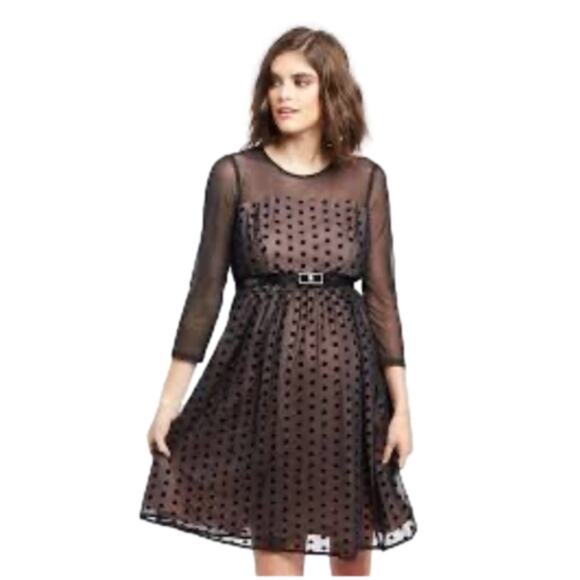 Motherhood Maternity Occasion Fit Flare Polka Dot Black Blush Dress Size Small - Picture 2 of 8